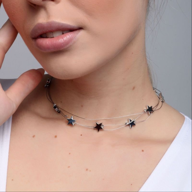 Colar curto, amanda, belive, estrelas, prateado - REF C384