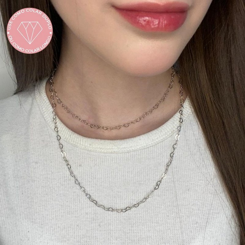 Colar longo ou choker duplo lui, love simple, prateado (use como quiser) - REF C173