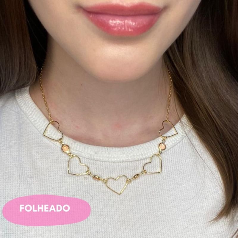 Colar médio, suelen, corações (versão 2), dourado - REF C355