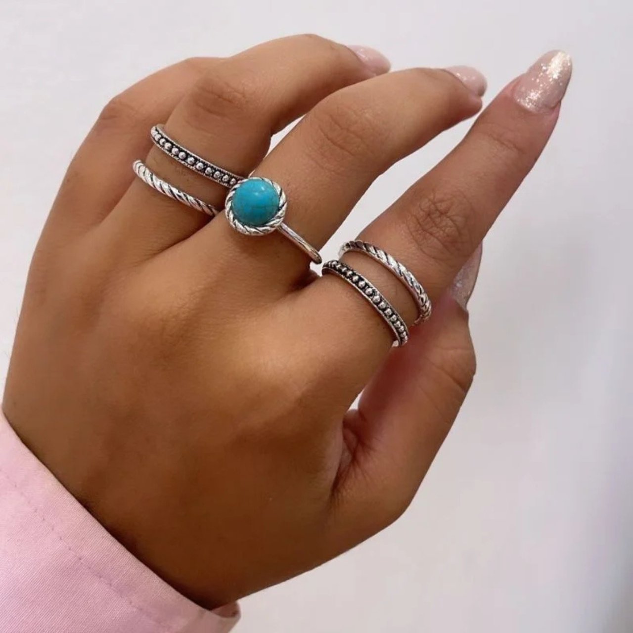 Conjunto de anéis com 5 peças, fashion, turquesa, prateado envelhecido - REF K098