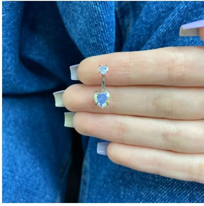 Piercing de furo, aço cirúrgico, umbigo, coração, furta-cor, prateado - REF X449 #SE