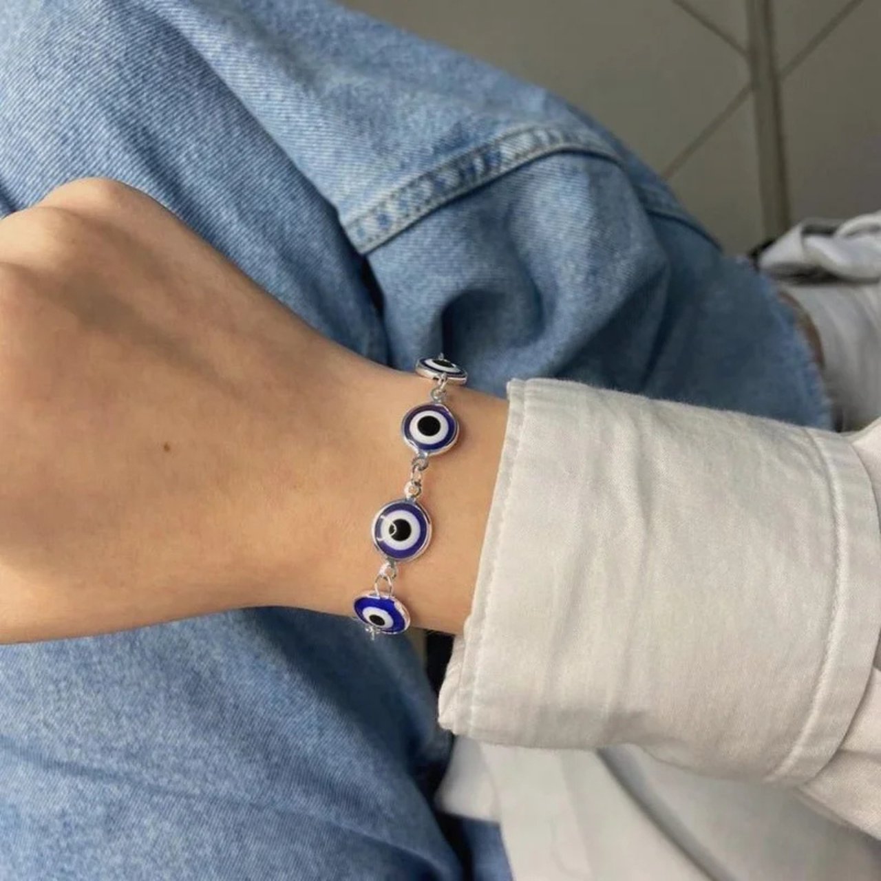 Pulseira atena, olho grego, azul escuro, prateada - REF P689